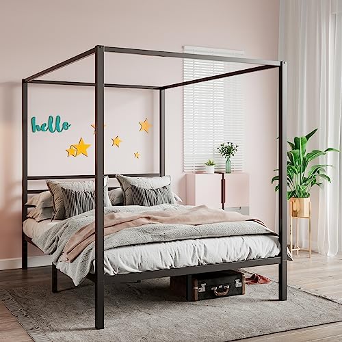 SHA CERLIN Queen Size Canopy Bed Frame with Heavy Duty Metal Slats, Black
