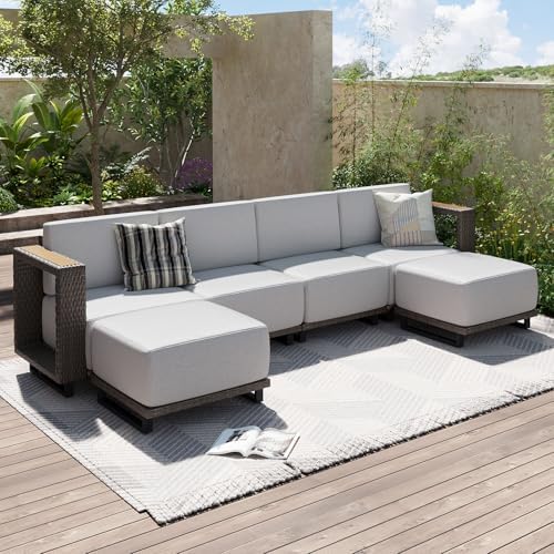 Aoxun Patio Furniture Set, 6 Piece Outdoor Sofa Set, Brown/Light Gray