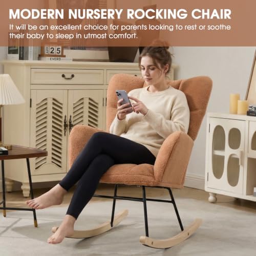 Nursery Rocking Chair, Teddy Upholstered Glider Chair with Thick Cushion, Tufted Gliding Rocker Chair with Wood Leg, Cozy Rocking Armchair, Accent Rocking Chair for Living Room (Kahaki)