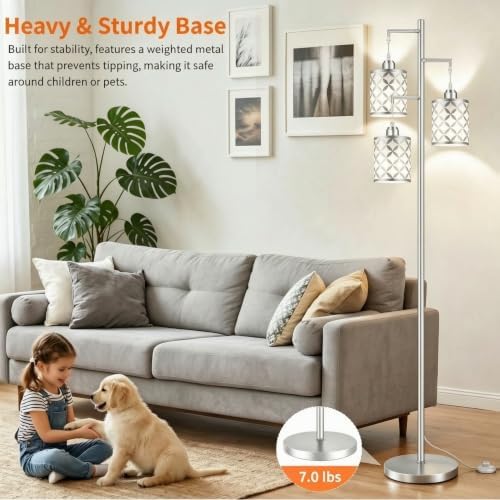 72" Dimmable Floor Lamp with Remote & Timer, Modern Minimalist Standing Lamp for Living Room Bedroom, 3 Individually Controlled Heads, 2 Height Options, 3x 1100LM LED Bulbs Included -Silver