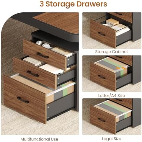 Itaar 70.9" Executive Desk, Large Computer Desk with Drawers and Lateral File Cabinet, Office Desk with Removable Shelves, Business Furniture Desk Workstation for Home Office, Brown