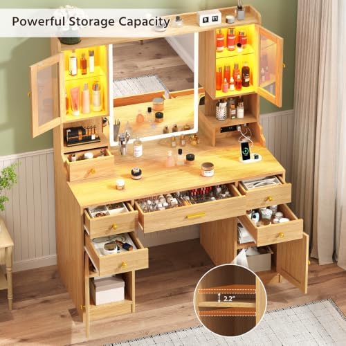 CSZZD Makeup Vanity Desk with Lighted Mirror & RGB Storage Cabinets | 3 Colors Vanity Table Set with Power Outlet & 6 Drawers, Large Dressing Table with Open Storage Shelves for Bedroom