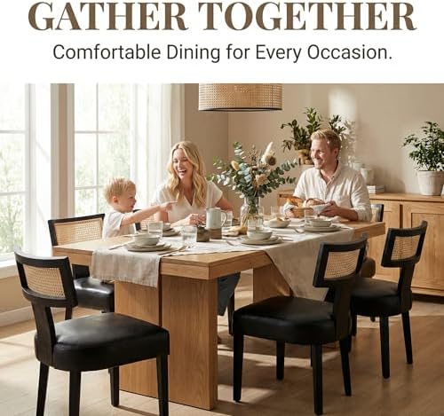 HNY Mid Century Modern Rattan Dining Chairs Set of 4, Farmhouse PU Leather Upholstered Accent Chair Curved Backrest Kitchen Chairs, with Black Hardwood Frame, Black