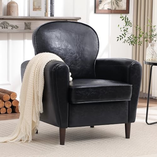 Accent Chair Set of 2, Mid Century Modern Faux Leather Arm Chair with Thick Cushion and Back, Comfy Upholstered Reading Chair Single Sofa Chair for Living Room, Bedroom, Club, Black