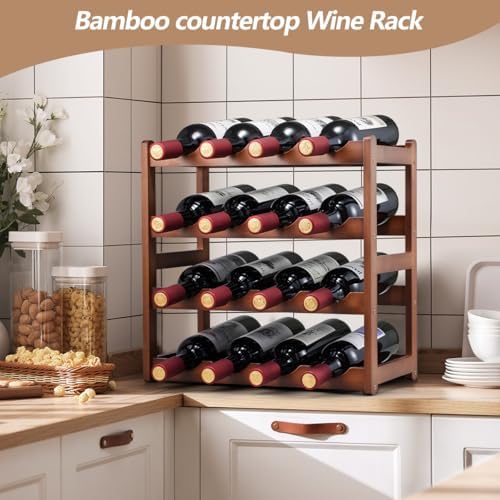 Bamboo Wine Rack,4 Tier, Wine Bottle Holder, Hold 16 Bottles for Home Kitchen, Dinging Room, Pantry, Cabinet, Bar