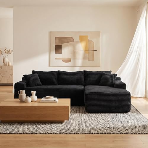 95" L-Shaped Cloud Sectional Couch, Right Facing Modular Compressed Boneless Sectional Sofa with Chaise Lounge, Plush Corduroy Boneless Corner Sofa for Living Room