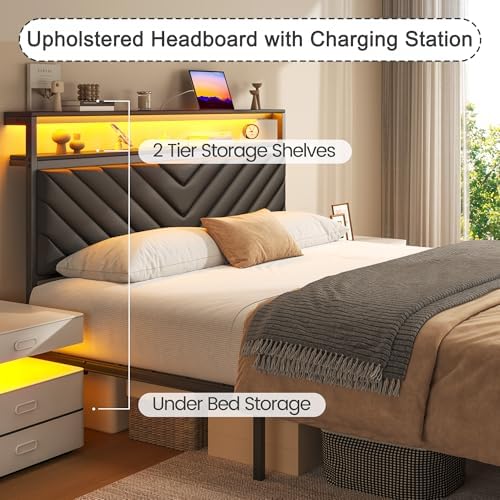 Fluest Queen Bed Frame with 2 Drawers, Upholstered Headboard with Storage and Charging Station, LED Lights, Fabric Drawers with Wheels, Under Bed Storage, No Box Spring Needed, Easy Assembly, Black