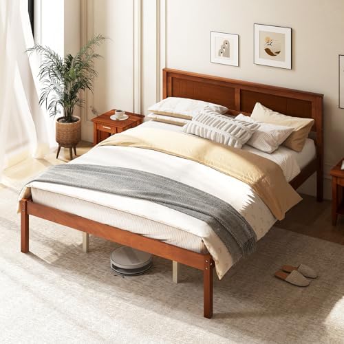GIANTEX Queen Wood Platform Bed Frame with Headboard, Mid Century Queen Bed Frame with Wood Slat Support, Solid Wood Foundation with 16" Under Bed Storage, No Box Spring Needed, Easy Assembly