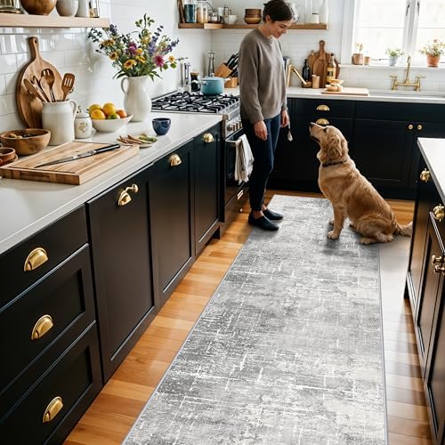 HY HAOYUNLAI Abstract 2x8 Runner: Washable Non-Slip 8ft Hallway Carpet Stain-Resistant Laundry Room Kitchen Area Rug Throw Entryway Foyer Mat Soft Living Room Bedroom Beside Runner Rug(2x8,Light/Grey)