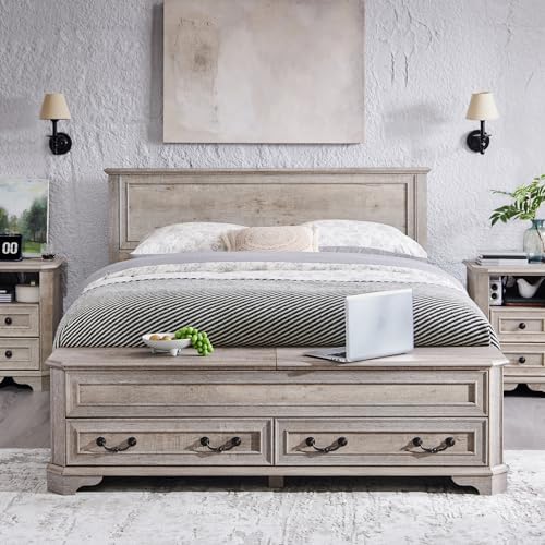 T4TREAM Farmhouse Queen Bed with Headboard and Storage Bench