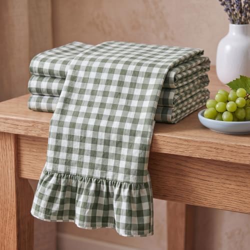 HunnmingRe 4 Pcs Sage Green Gingham Kitchen Towels Cotton Ruffled
