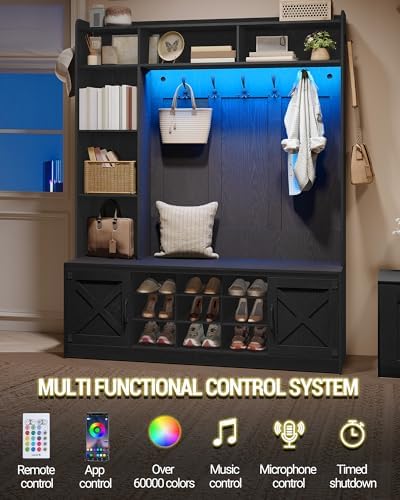 Hzuaneri 59.8" Hall Tree, LED Farmhouse Entryway Storage and Coat Rack Wood, Entryway Furniture with 7 Hooks, Hall Tree with Bench and Storage, 6 Storages Partitions Shoe Bench, Black HT24804X