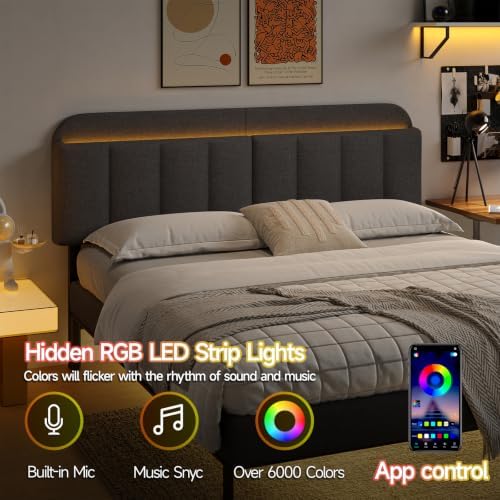 ONBRILL King Headboard Only with LED Light, Upholstered Storage Headboards