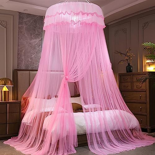 Kertnic Mosquito Net Bed Canopy for Girls, Princess Canopy Bed Curtain Fine Sheer Mesh Dome Bed Canopies, Girls & Adults Lace Tent for Twin Full Queen King Bed (Pink)