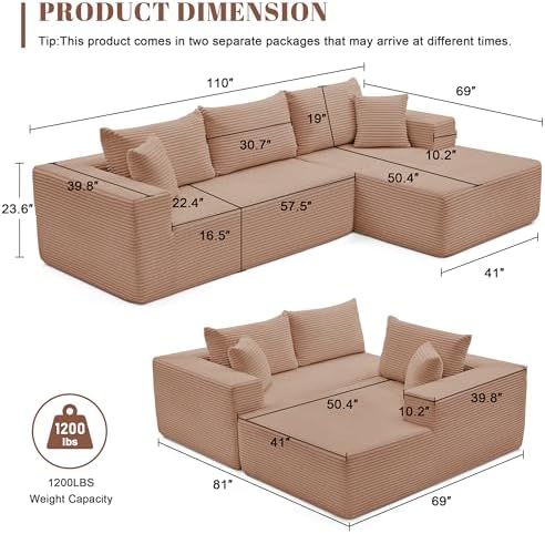 Mangodan 110” Boneless Couch, Cloud Sectional Sofa for Living Room, Camel