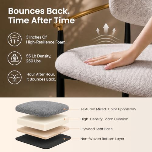 COLAMY Mid Century Modern Dining Chairs Set of 6, Upholstered Kitchen Room Chairs with 3" High-Resilience Cushion, Sturdy Metal Legs and Ergonomic Curved Backrest for Home Office, Camel