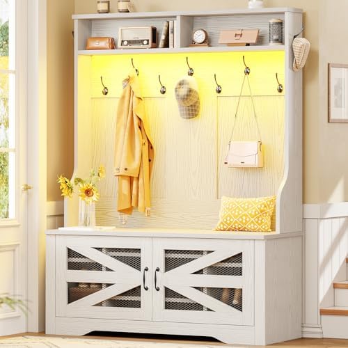 Itaar Hall Tree with Bench and Shoe Storage, 5-in-1 Entryway Bench with Coat Rack, 10 Shoe Cubbies & 9 Coat Hooks, Barn Door & Adjustable Shelf (Embossed White)