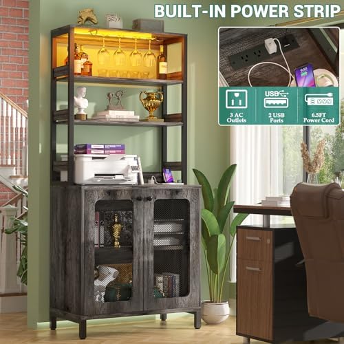 Aheaplus Bar Cabinet with Power Outlets,67" Tall Wine Bar Cabinet,Black Oak