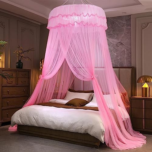 Kertnic Mosquito Net Bed Canopy for Girls, Princess Canopy Bed Curtain Fine Sheer Mesh Dome Bed Canopies, Girls & Adults Lace Tent for Twin Full Queen King Bed (Pink)