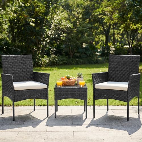 DUMOS Patio Furniture Set 3-Piece, Outdoor Wicker Bistro Set, Black