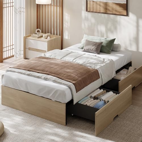 GarveeHome Wood Platform Bed Frame, Twin Bed Frame with 2 Drawers