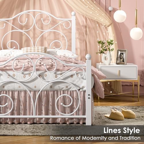 VECELO Twin Size Bed Frame with Headboard and Footboard, Heavy Duty Metal Slat Support, Platform Mattress Foundation, No Box Spring Needed, Easy Assembly, White