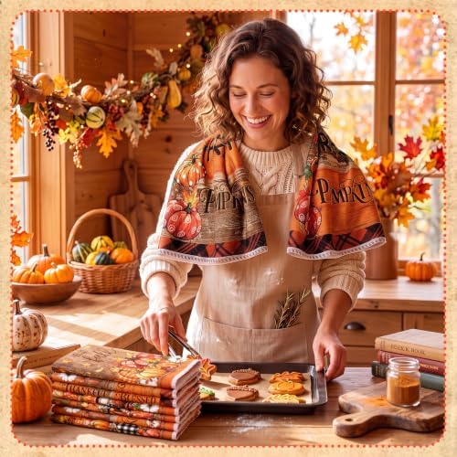 Redbaker 6 Pcs Fall Kitchen Towels, Dark Pumpkin Funny Dish Towel, Autumn Absorbent Farmhouse Decorative Fast Drying Tea Dishcloth with Hanging Loop for Kitchen Bathroom Home Housewarming Gift