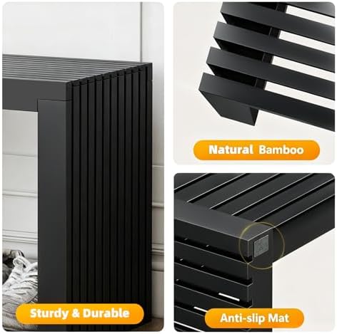 Bamboo Dining Bench, 18'' Slatted Design Entryway Bench, Black