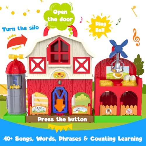 Farm Animal Barn Toys for Toddlers 1-3, Red Barn Play Farm Set with Animals Sounds Toy, Musical Interactive Preschool Montessori Learning Farm Toys for Kids, Christmas Birthday Gift for Boy Girl