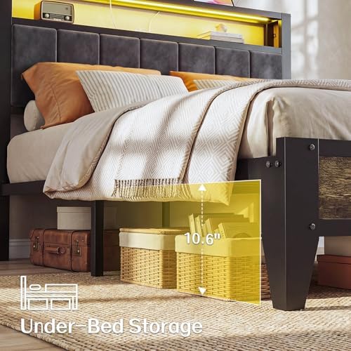 OLEVS Full Size Bed Frame with Headboard, LED Light & Charging Station