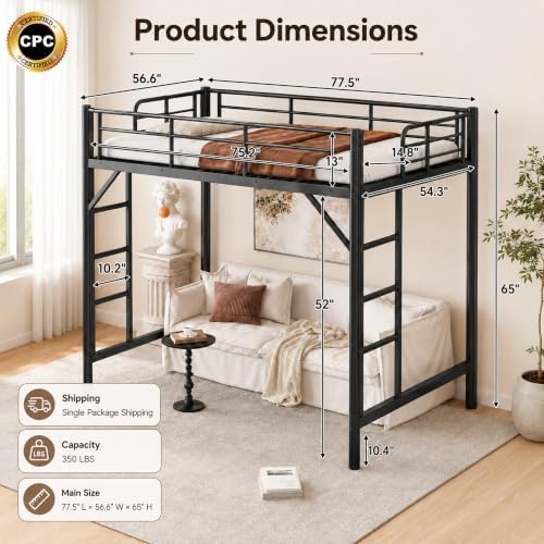 Bellemave Full Loft Bed, Metal Round Pipe, Dual Ladders, Save Space, Black