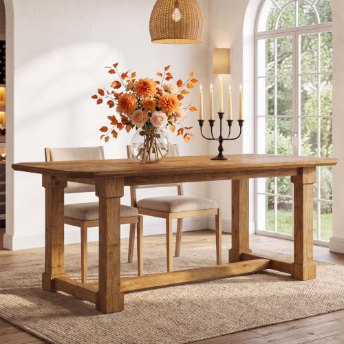 63" Solid Wood Dining Table, Rectangular Kitchen Table with Sturdy Legs, Rustic Wooden Dinner Tables for 4-6, Dining Room, Living Room, Light Brown