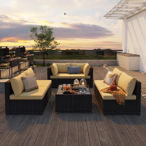 Qsun Patio Furniture Sets 7 Pieces Outdoor Sectional Rattan Sofa Manual Weaving Wicker Patio Conversation Set with Glass Table and Cushion (Beige)