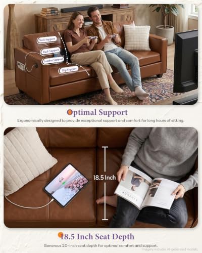 TYBOATLE 65'' Brown Faux Leather Loveseat with USB, 2-Seater Living Room