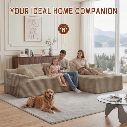 Korser 110" L-Shaped Modular Sectional Sofa with Chaise, Boneless Comfy Corduroy Fluffy Couch with Deep Seat and Side Pockets, Flexible Module Combination for Living Room, No Assembly, Side Pockets