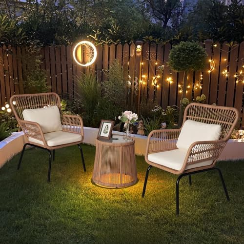 3 Piece Outdoor Wicker Furniture Bistro Set, Rattan Chairs Conversation Sets with Solar Light, Wicker Patio Furniture for Balcony Poolside Backyard, Beige