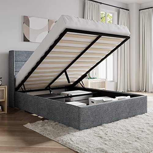 SHA CERLIN Full Size Lift Up Hydraulic Storage Bed Frame Blue Grey