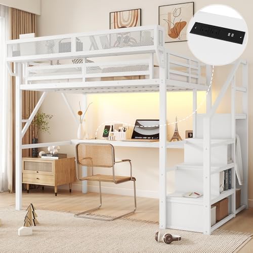 KEIKI Full Size Metal Loft Bed Frame with Desk, Staircase, Built-in Storage Shelves and Wardrobe, Modern Loft Bed with Solid Slats, Guardrail, No Box Spring Required, Easy Assembly, for Bedroom, White