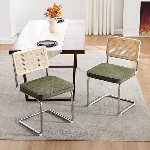 Zesthouse Natural Rattan Dining Chairs Set of 2, Mid Century Modern Dining Chairs with Solid Wood Back & Chrome Base, for Kitchen Living Room, Breuer Design Inspired, Upholstered Linen Fabric, Green