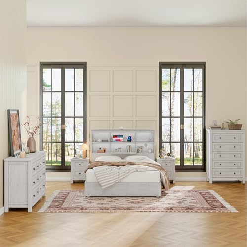 LUXOAK 4-Piece Farmhouse Bedroom Set with Dressers & Nightstands, White