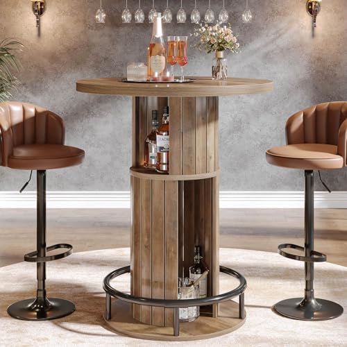 HSH 39.37" H Round Bar Table with Storage and Metal Ring Footrest, Rustic