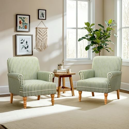 HUIMO Linen Fabric Accent Chair, Mid-Century Modern Upholstered Armchair with Solid Wood Legs, Comfy Reading Club Chair for Living Room Bedroom (2, Green and White Stripe)