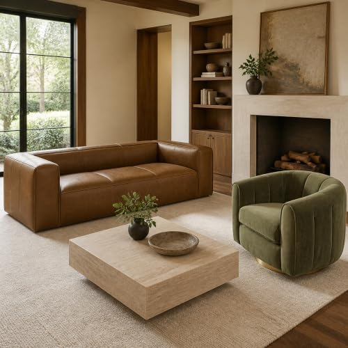 2-Piece Living Room Set, Genuine Leather Sofa + Swivel Chair