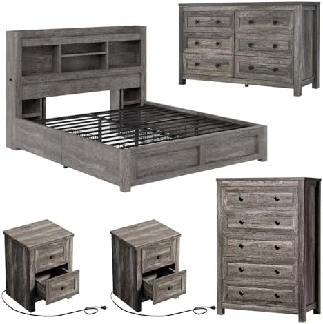 LUXOAK 5-Piece Farmhouse Bedroom Set - Full Storage Bed & Dresser, Grey