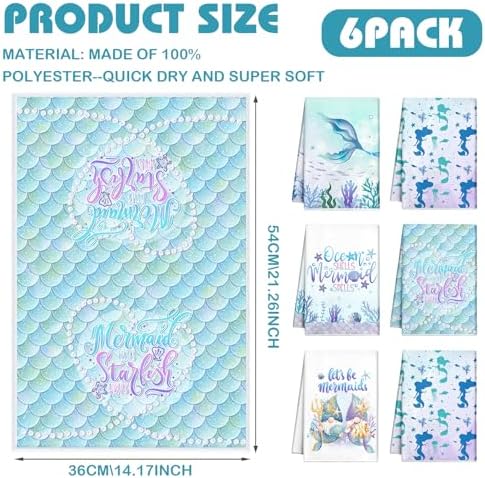 Redbaker 6 Pcs Mermaid Kitchen Towels, Ocean Blue Dish Towels Decor