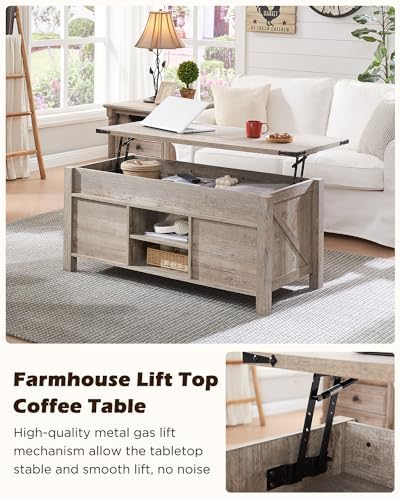 OKD 48" Farmhouse Lift Top Coffee Table Sliding Barn Door, Light Rustic Oak