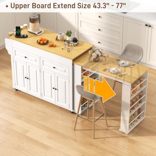 80"-48" Extendable Kitchen Island with Extended Dining Table and Power Outlet,Large Mobile Kitchen Storage Islands with 2 Storage Drawers,Rolling Islands Cart with 3 Extra Rows Open Shelves(White)