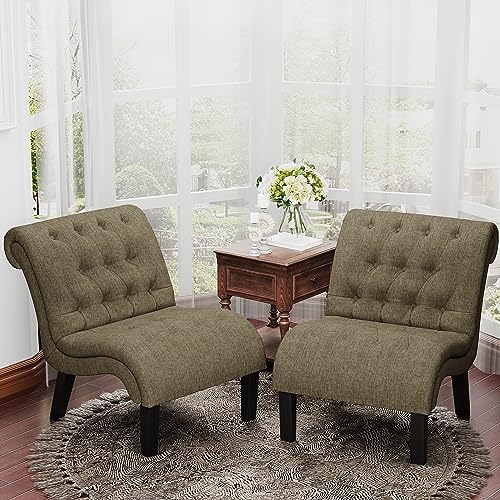Accent Chairs Set of 2 Modern Armless Living Room Bedroom Side Chairs Button Tufted Upholstered Leisure Chair with Wood Legs