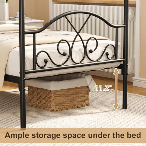 Twin Princess Canopy Bed Frame with 4 Posters, Twin Size Bed for Kids Girls