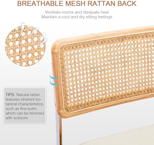 Zesthouse Natural Rattan Dining Chairs Set of 6, Mid Century Cane Dining Room Chairs with Solid Wood Back & Chrome Base for Kitchen, Breuer Design Inspired, Upholstered Linen Fabric, Beige